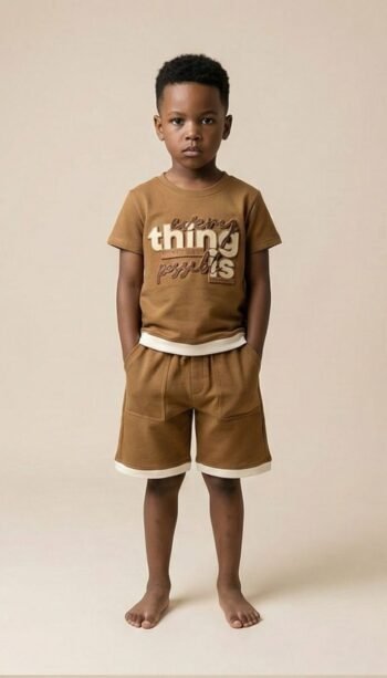 Earthy Camel Graphic T-Shirt & Shorts Co-ord Set for Kids