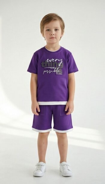 Rich Purple Graphic T-Shirt & Shorts Co-ord Set for Kids